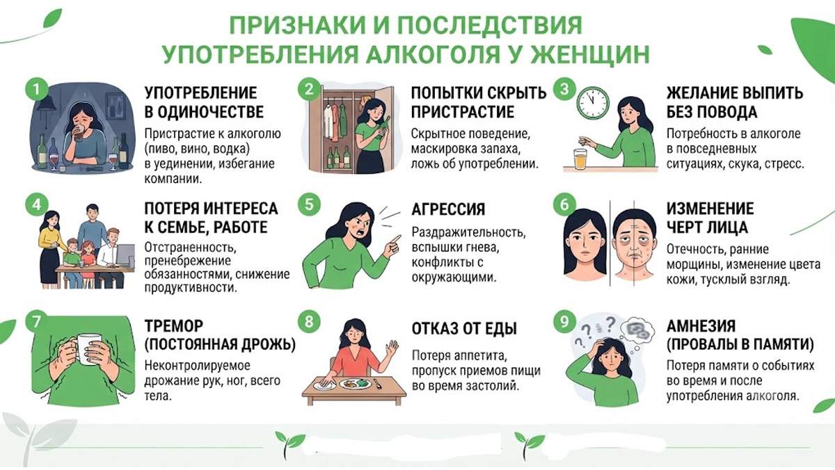 Инфографика: признаки и последствия употребления алкоголя у женщин.
